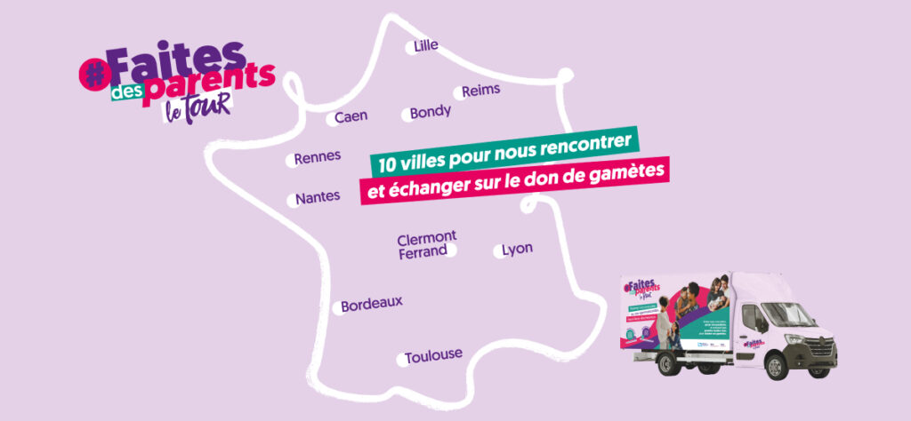 Visuel de type 'carte de France' avec les villes concernées par le tour #FaitesDesParents